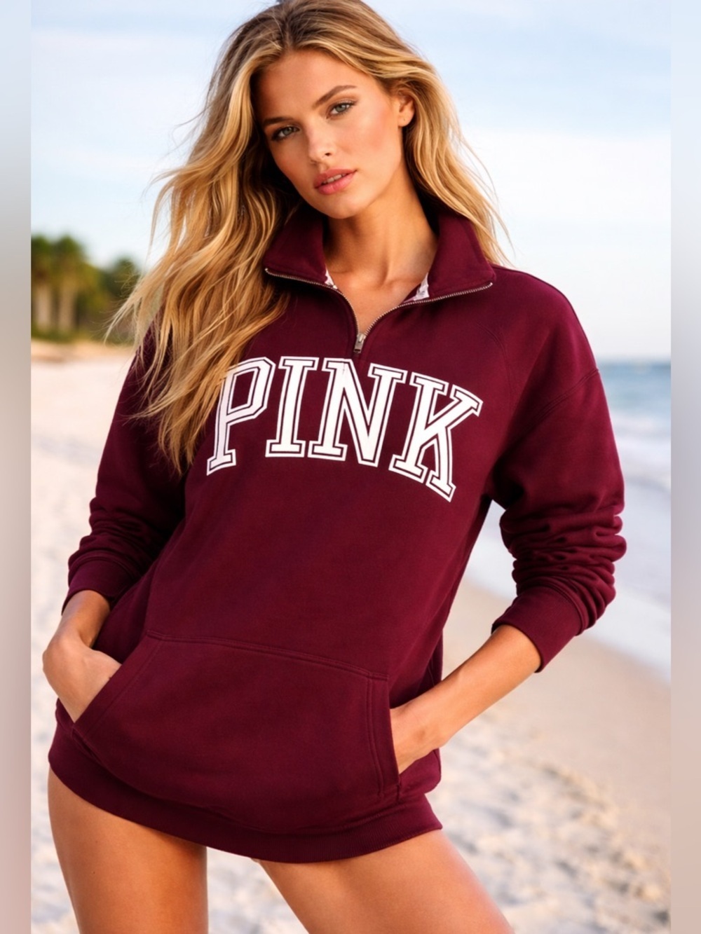 PINK Victoria's Secret Logo Maroon Quarter-Zip Pullover